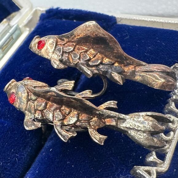 1940s sterling silver gold vermeil koi fish red rhinestones screw back earrings - Picture 4 of 8